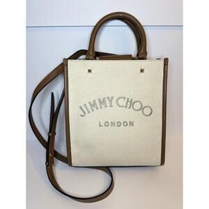 Authentic Jimmy Choo Avenue South Canvas Logo Mini Tote Crossbody Brown Leather